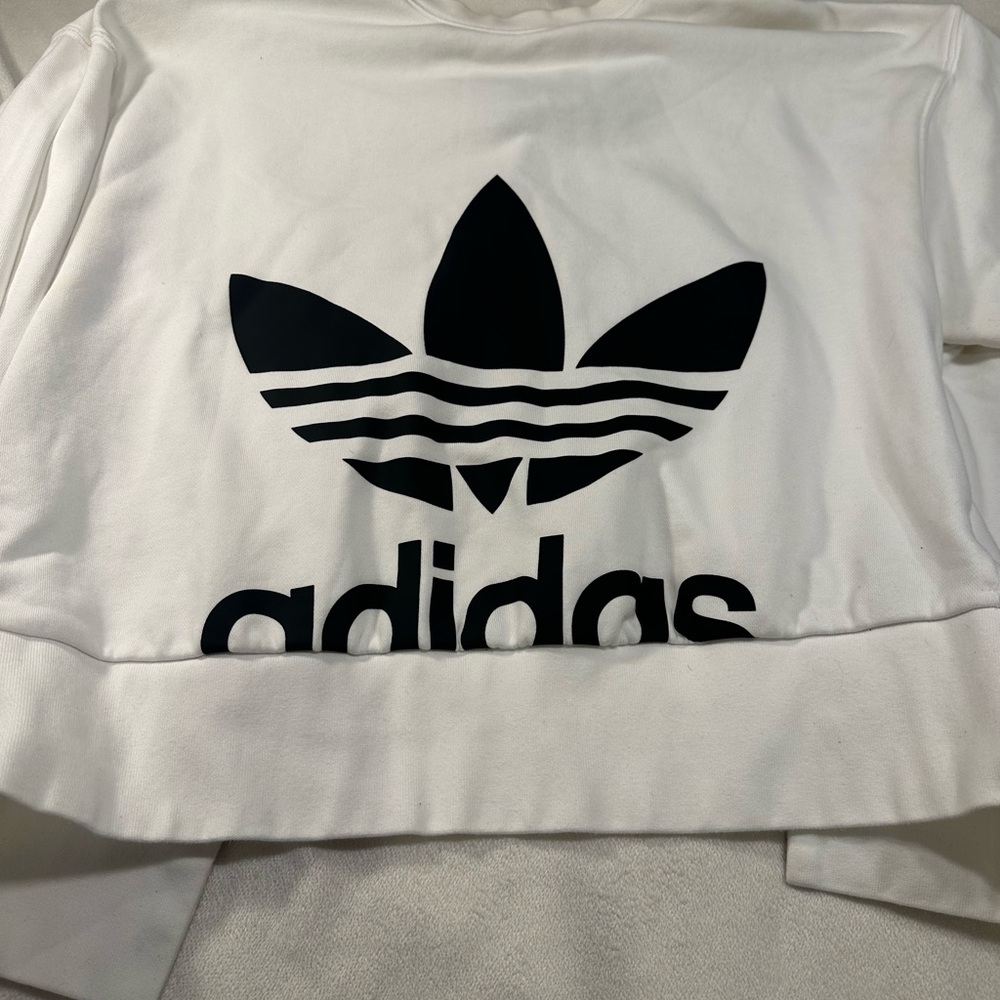 Adidas Classic White Women’s Sweatshirt with Black Accents and Open Back